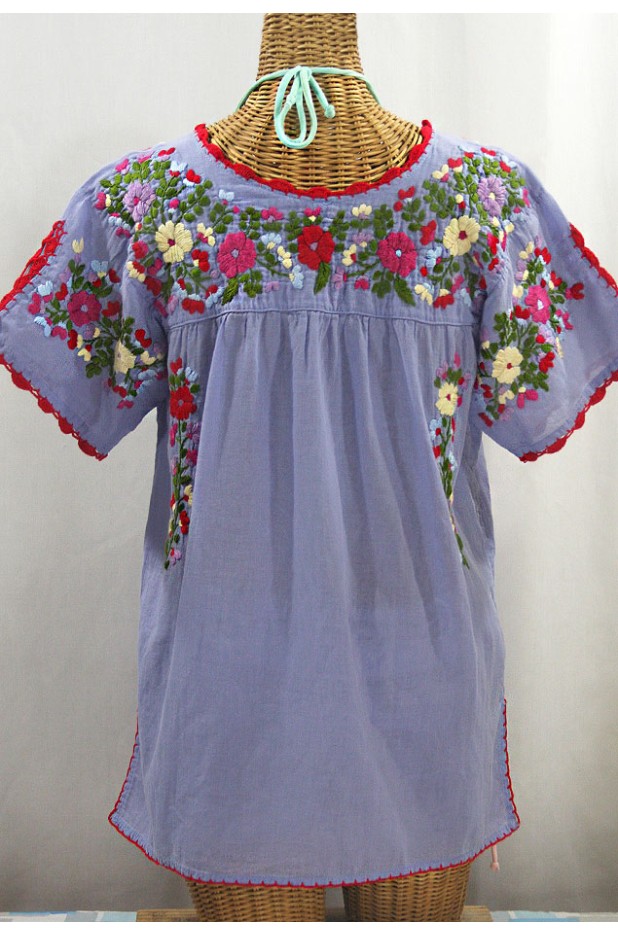 "La Primavera" Hand Embroidered Mexican Blouse - Periwinkle + Multi