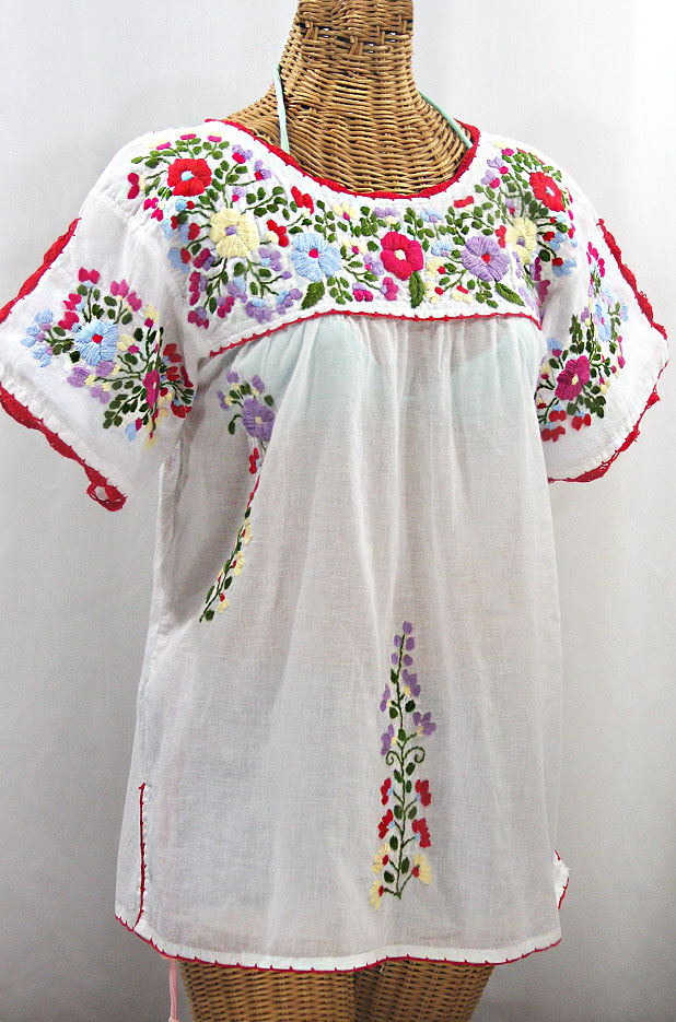 FINAL SALE -- "La Primavera" Hand Embroidered Mexican Blouse - White + Multi