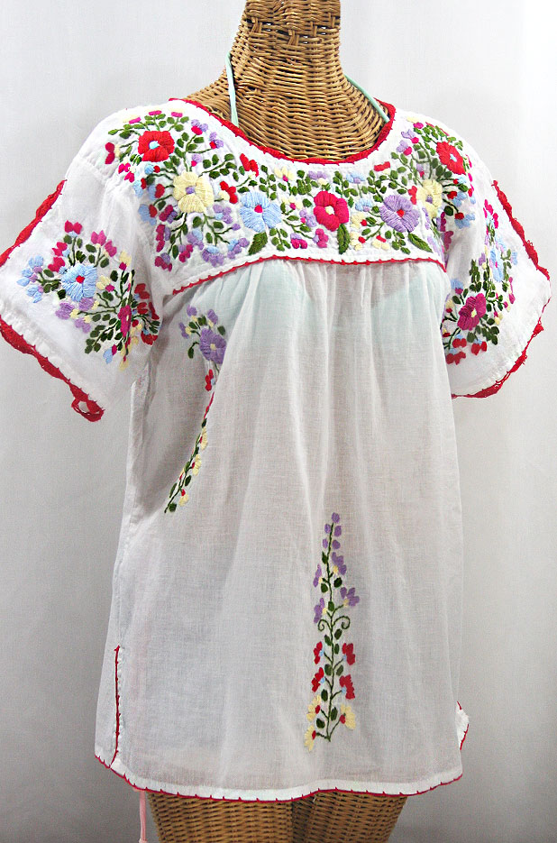 "La Primavera" Hand Embroidered Mexican Blouse - White + Multi