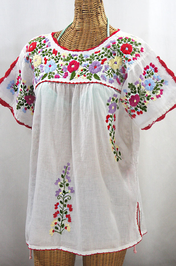FINAL SALE -- "La Primavera" Hand Embroidered Mexican Blouse - White + Multi