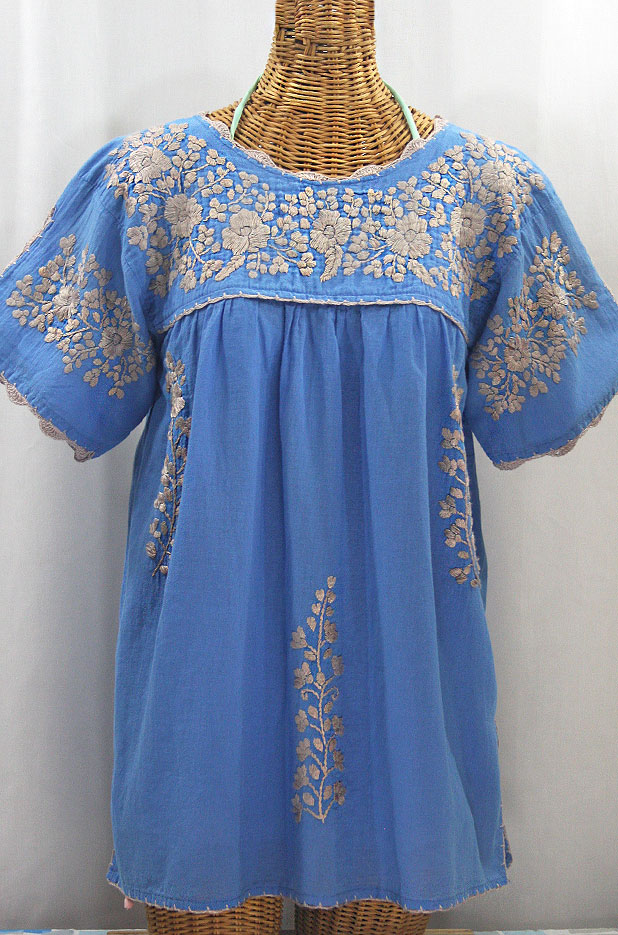 "La Primavera" Hand Embroidered Mexican Blouse - Light Blue + Cocoa