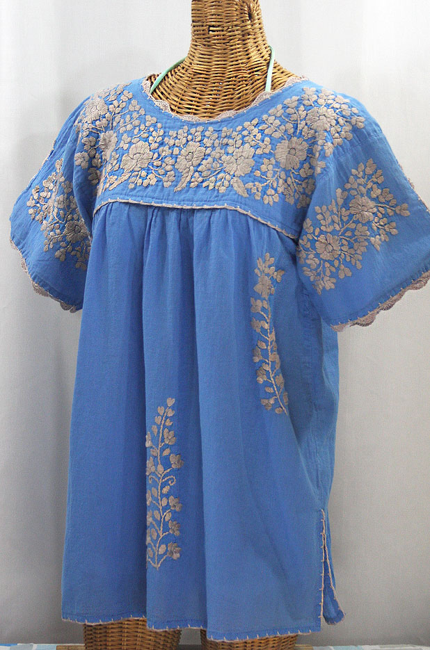 "La Primavera" Hand Embroidered Mexican Blouse - Light Blue + Cocoa