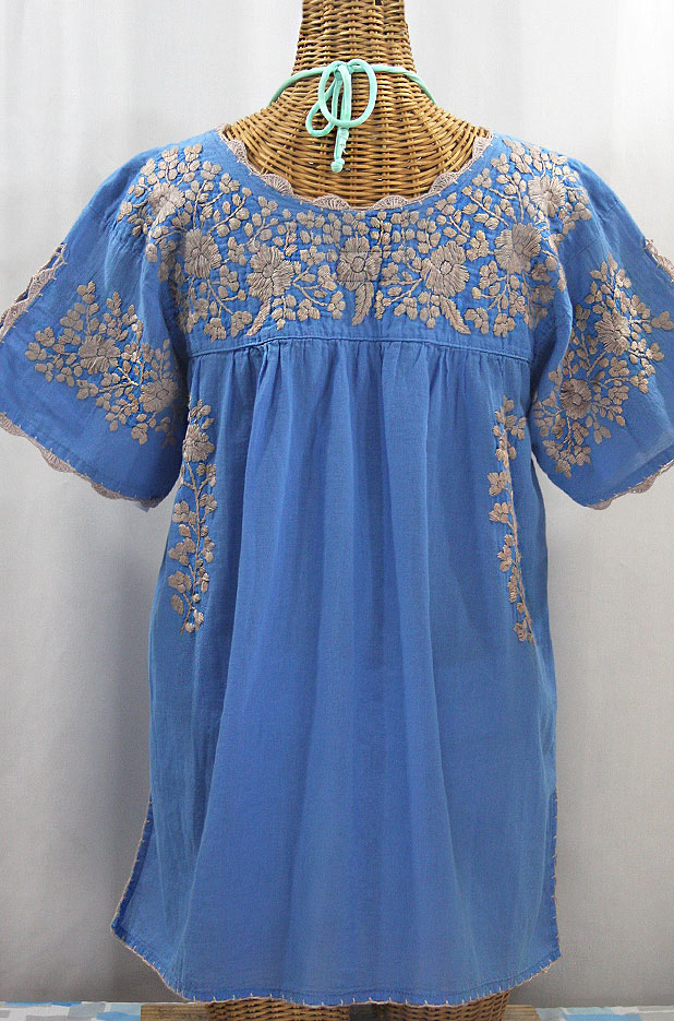 "La Primavera" Hand Embroidered Mexican Blouse - Light Blue + Cocoa