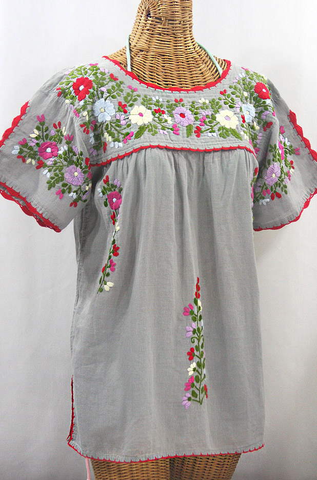 "La Primavera" Hand Embroidered Mexican Blouse - Grey + Multi