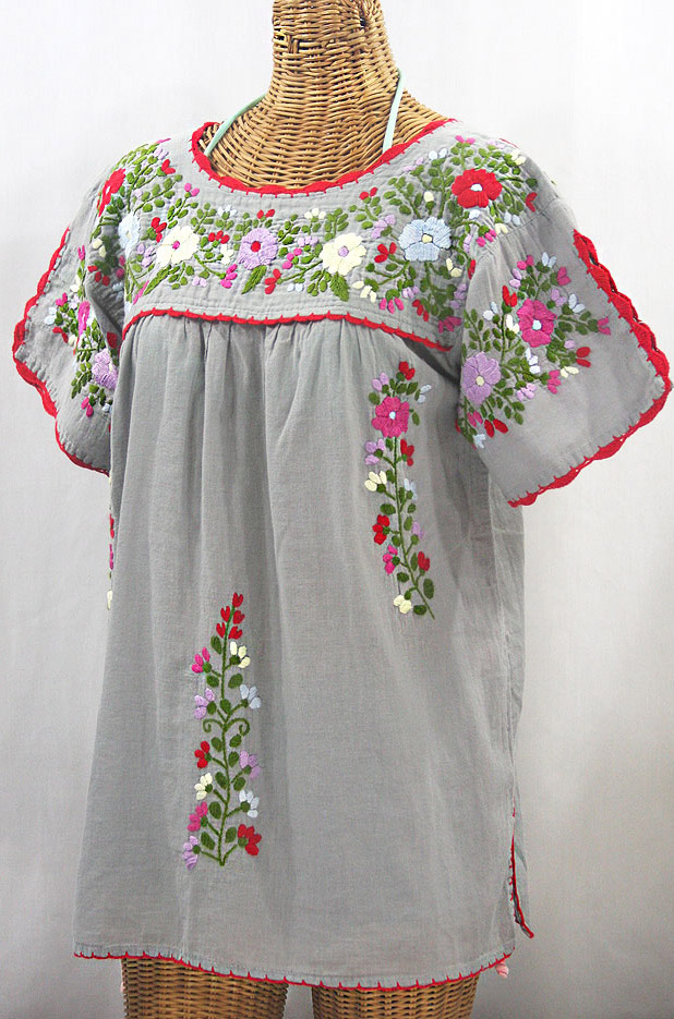 FINAL SALE -- "La Primavera" Hand Embroidered Mexican Blouse - Grey + Multi