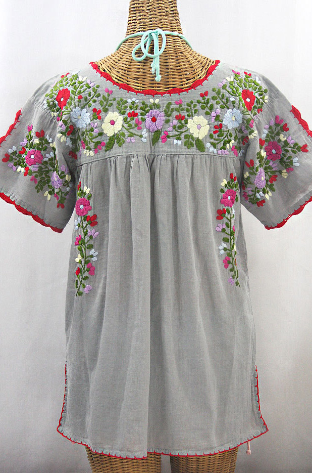 "La Primavera" Hand Embroidered Mexican Blouse - Grey + Multi