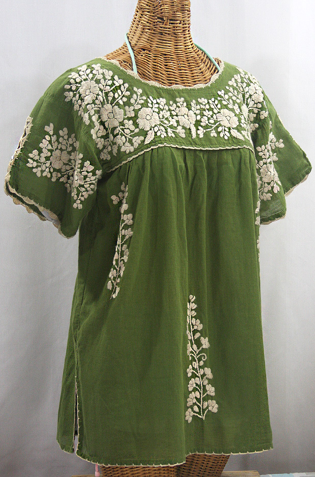 "La Primavera" Hand Embroidered Mexican Blouse - Fern Green + Cream