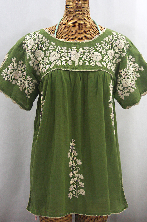 "La Primavera" Hand Embroidered Mexican Blouse - Fern Green + Cream