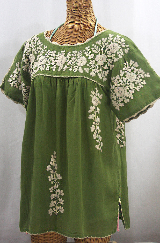 "La Primavera" Hand Embroidered Mexican Blouse - Fern Green + Cream