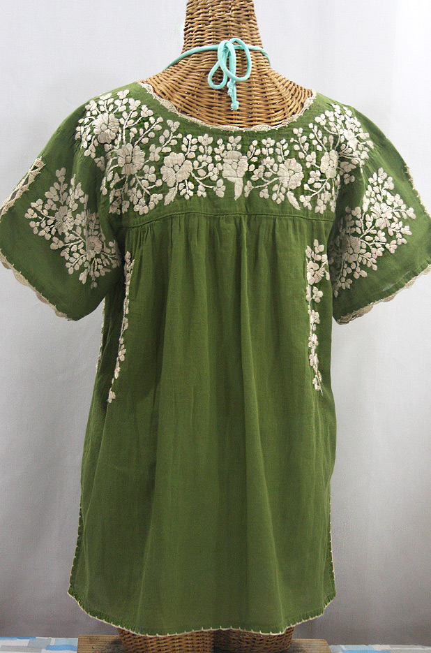 "La Primavera" Hand Embroidered Mexican Blouse - Fern Green + Cream