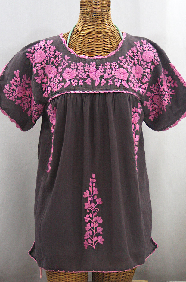FINAL SALE -- "La Primavera" Hand Embroidered Mexican Blouse - Grey + Pink