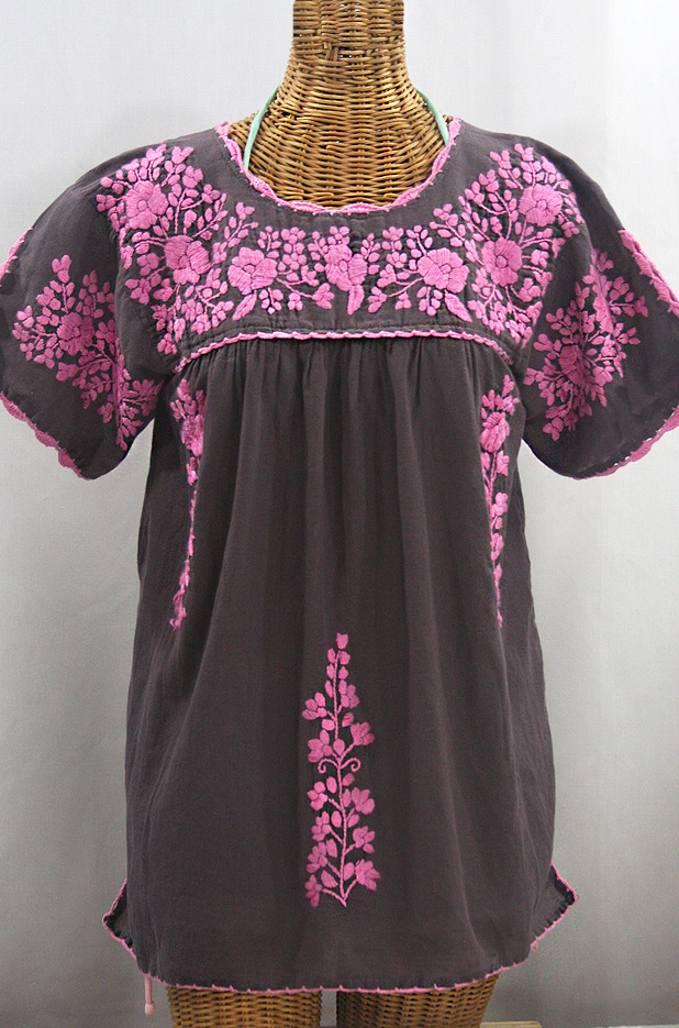 "La Primavera" Hand Embroidered Mexican Blouse - Grey + Pink