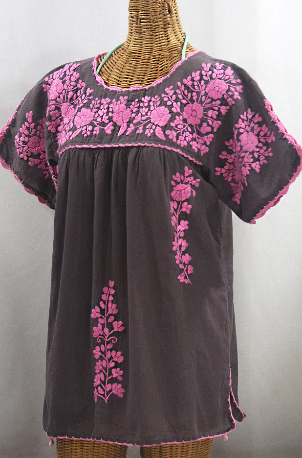 "La Primavera" Hand Embroidered Mexican Blouse - Grey + Pink