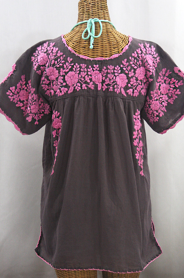 FINAL SALE -- "La Primavera" Hand Embroidered Mexican Blouse - Grey + Pink