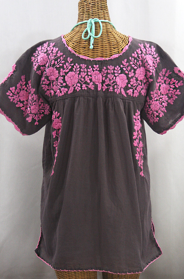 "La Primavera" Hand Embroidered Mexican Blouse - Grey + Pink