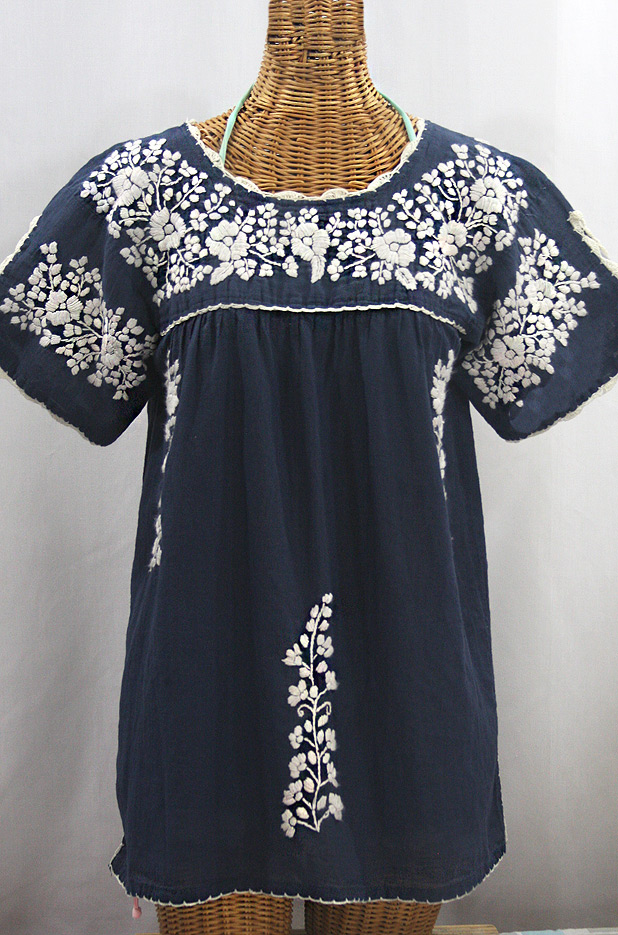 "La Primavera" Hand Embroidered Mexican Blouse - Navy Blue + Cream