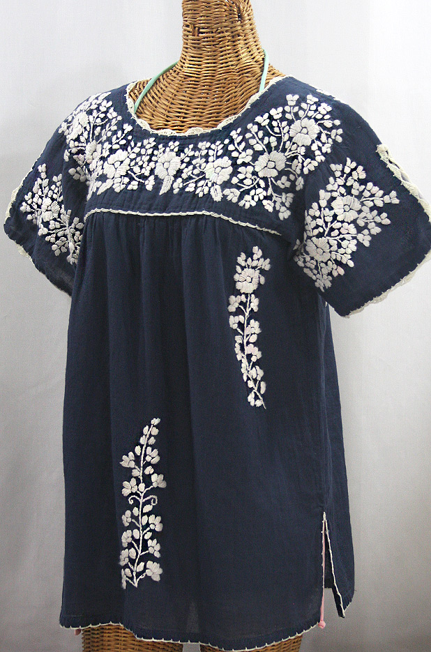 "La Primavera" Hand Embroidered Mexican Blouse - Navy Blue + Cream