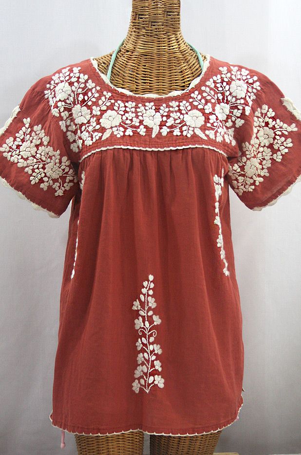 "La Primavera" Hand Embroidered Mexican Blouse - Terracotta + Cream