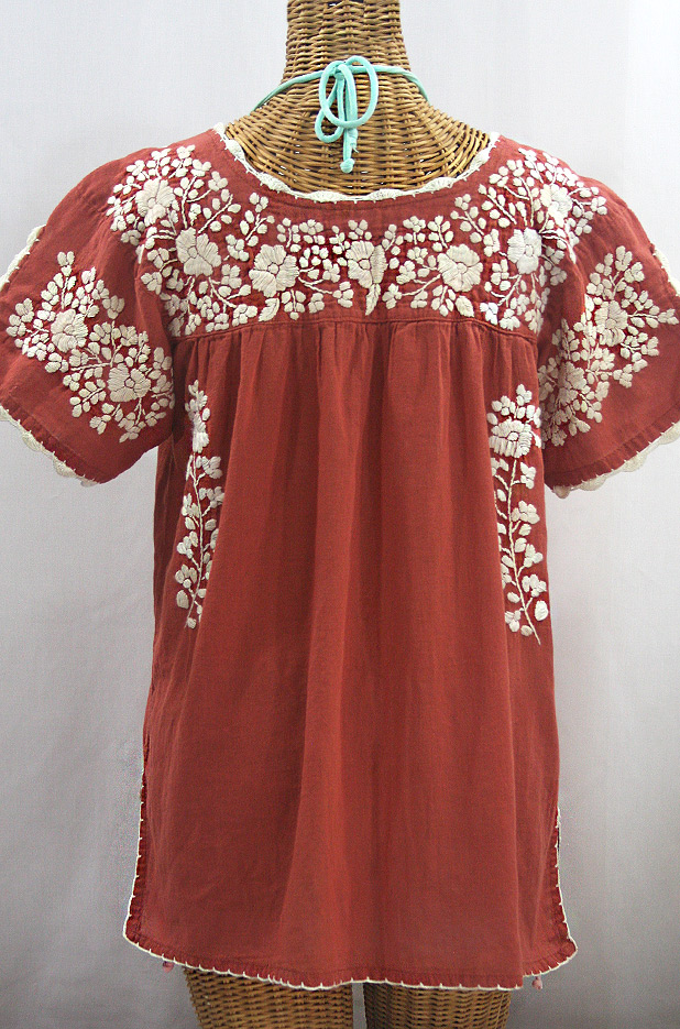 "La Primavera" Hand Embroidered Mexican Blouse - Terracotta + Cream