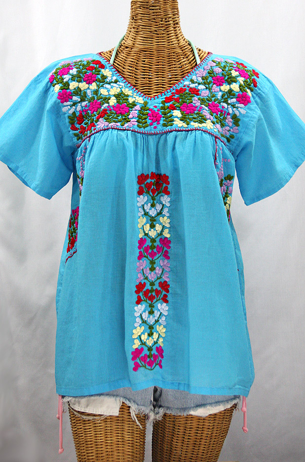 FINAL SALE -- "La Saladita" V-Neck Embroidered Mexican Style Peasant Top - Aqua + Multi