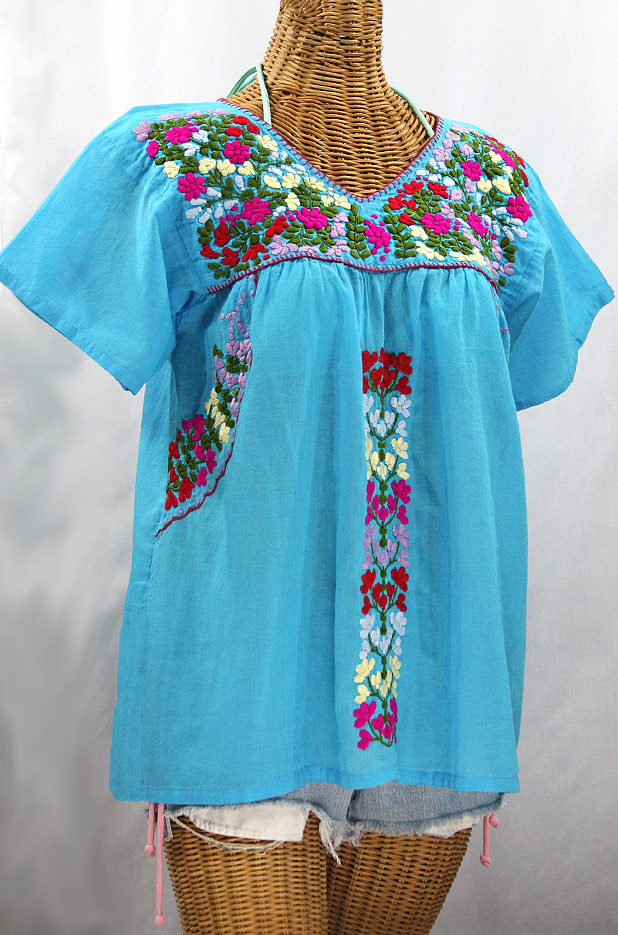 "La Saladita" V-Neck Embroidered Mexican Style Peasant Top - Aqua + Multi