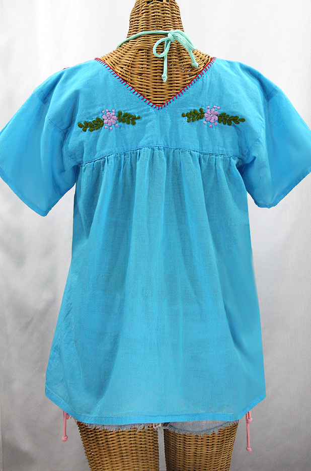 FINAL SALE -- "La Saladita" V-Neck Embroidered Mexican Style Peasant Top - Aqua + Multi