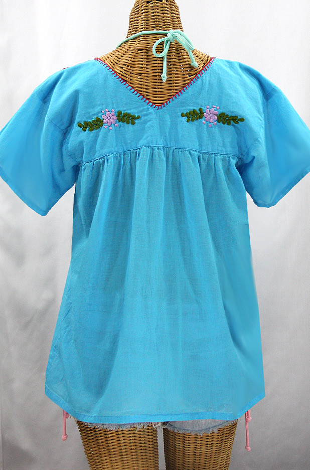 "La Saladita" V-Neck Embroidered Mexican Style Peasant Top - Aqua + Multi