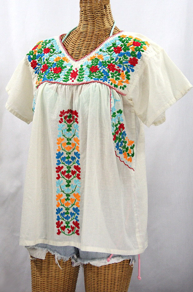 "La Saladita" V-Neck Embroidered Mexican Style Peasant Top - Off White + Fiesta