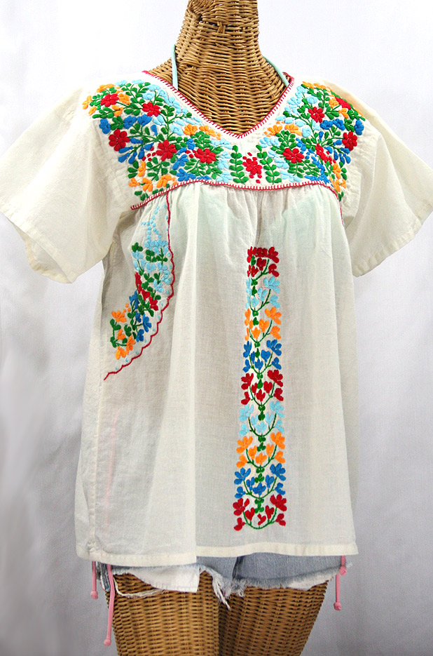 FINAL SALE -- "La Saladita" V-Neck Embroidered Mexican Style Peasant Top - Off White + Fiesta