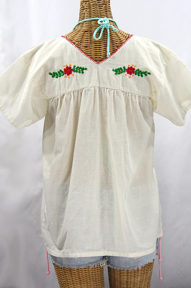 "La Saladita" V-Neck Embroidered Mexican Style Peasant Top - Off White + Fiesta