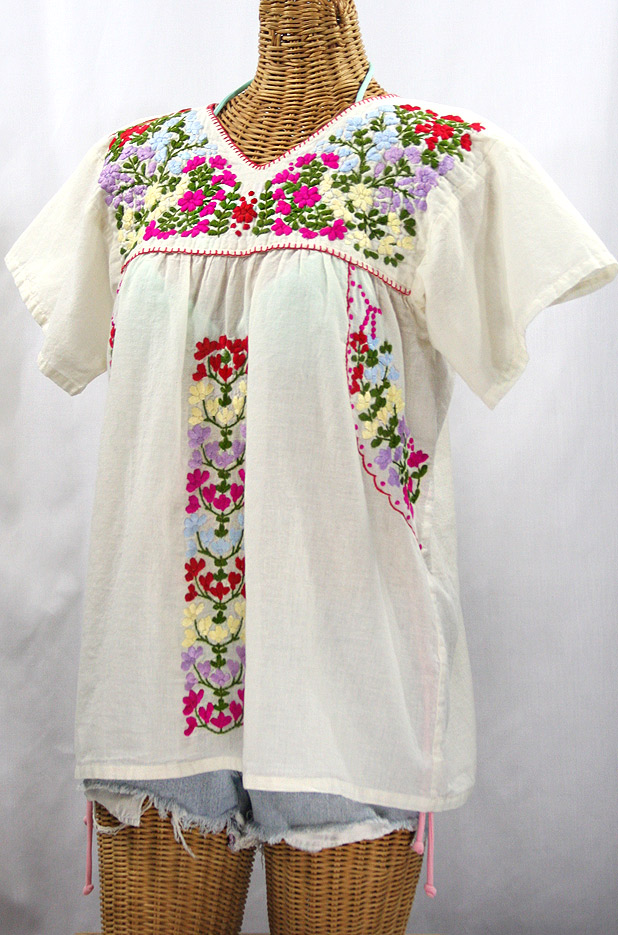 "La Saladita" V-Neck Embroidered Mexican Style Peasant Top - Off White + Multi