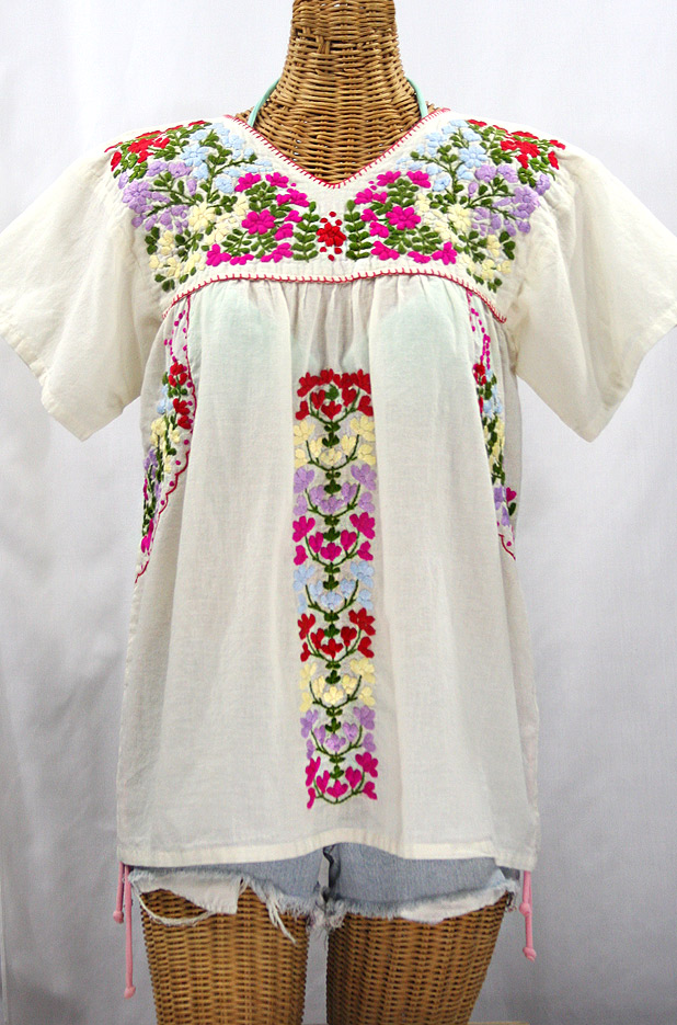 "La Saladita" V-Neck Embroidered Mexican Style Peasant Top - Off White + Multi