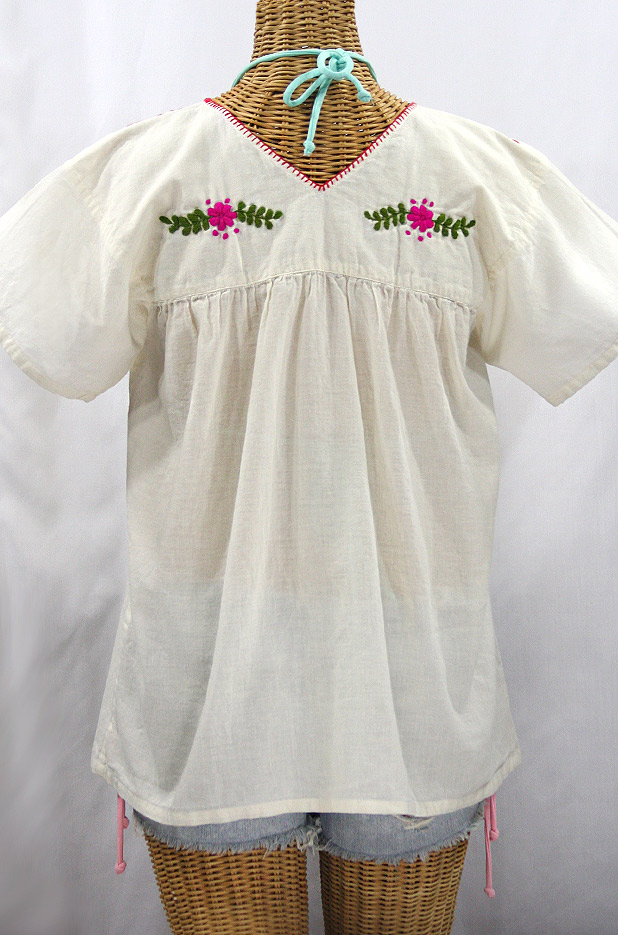 "La Saladita" V-Neck Embroidered Mexican Style Peasant Top - Off White + Multi