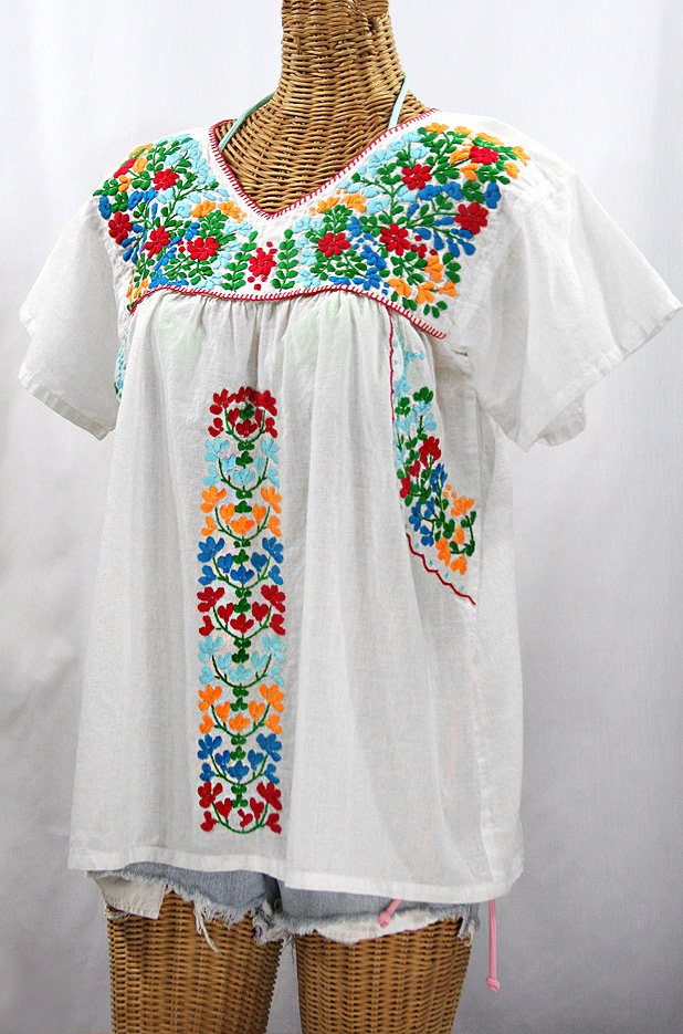 "La Saladita" V-Neck Embroidered Mexican Style Peasant Top - White + Fiesta