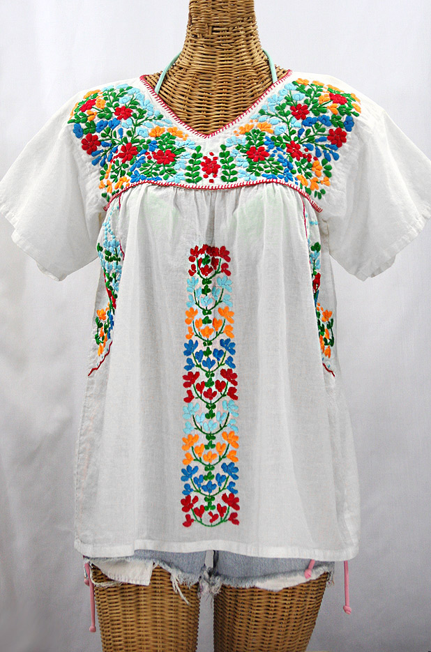 FINAL SALE -- "La Saladita" V-Neck Embroidered Mexican Style Peasant Top - White + Fiesta
