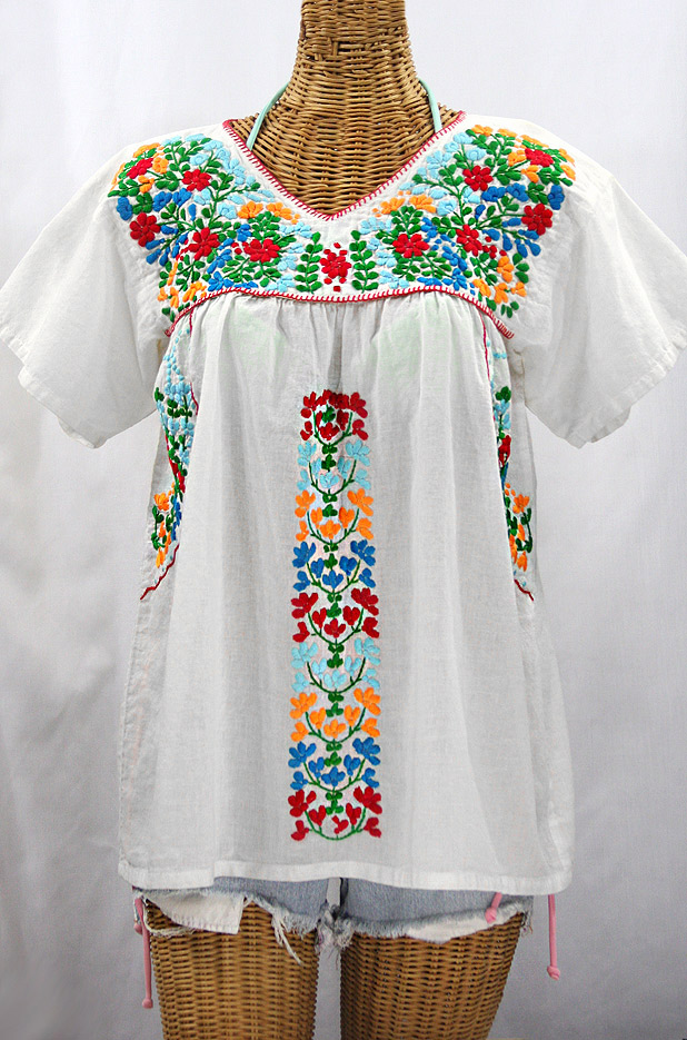 "La Saladita" V-Neck Embroidered Mexican Style Peasant Top - White + Fiesta