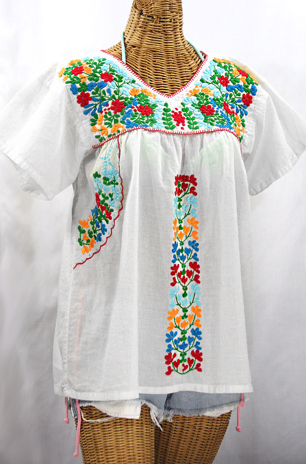 "La Saladita" V-Neck Embroidered Mexican Style Peasant Top - White + Fiesta