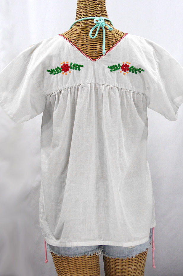 "La Saladita" V-Neck Embroidered Mexican Style Peasant Top - White + Fiesta
