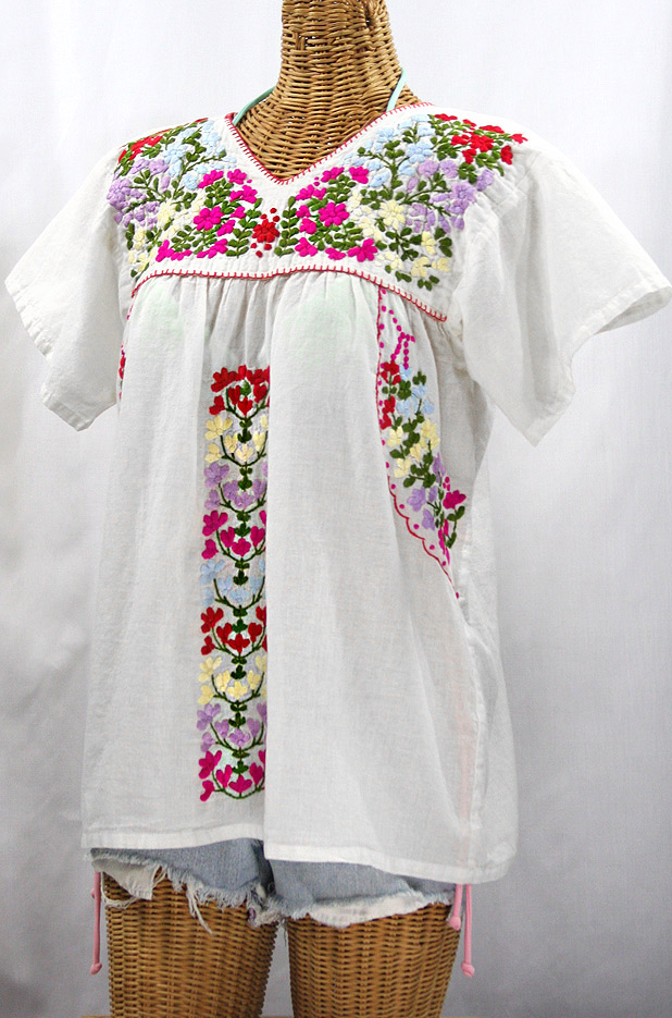"La Saladita" V-Neck Embroidered Mexican Style Peasant Top - White + Multi