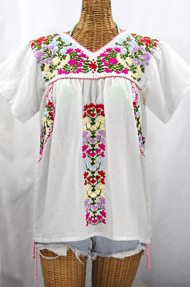 FINAL SALE -- "La Saladita" V-Neck Embroidered Mexican Style Peasant Top - White + Multi