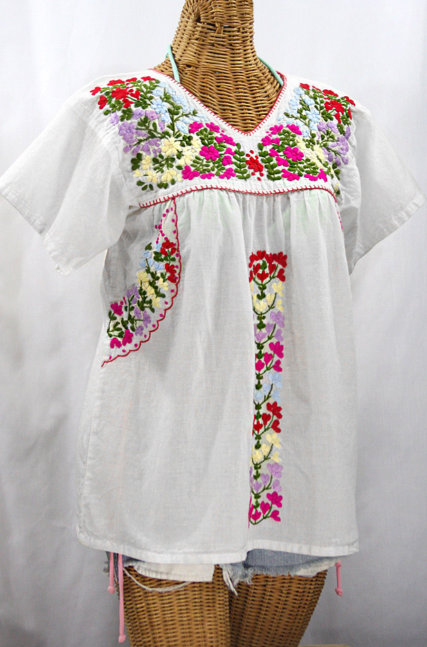 "La Saladita" V-Neck Embroidered Mexican Style Peasant Top - White + Multi