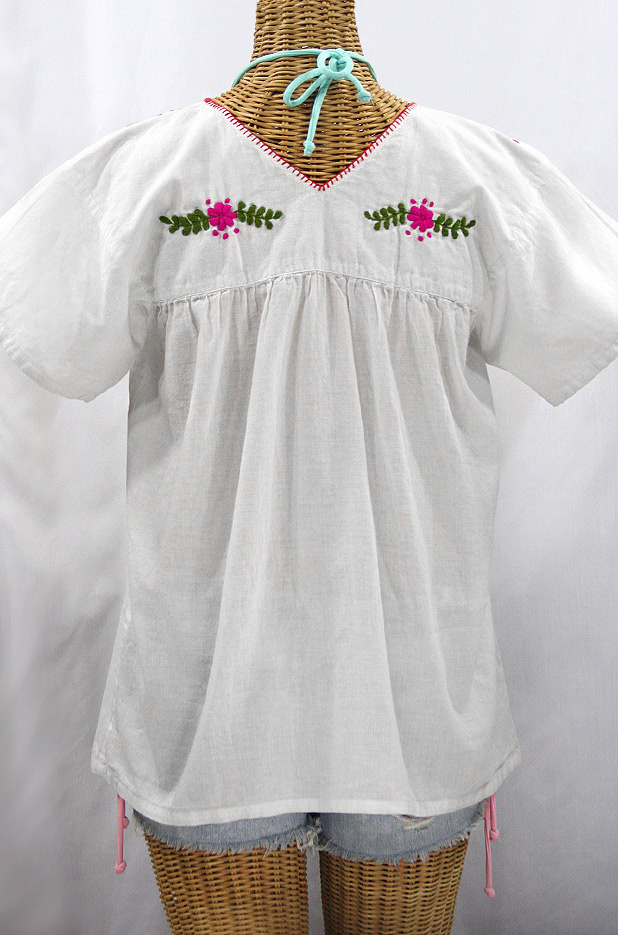 "La Saladita" V-Neck Embroidered Mexican Style Peasant Top - White + Multi