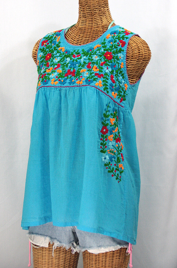 "La Sirena" Sleeveless Mexican Blouse -Aqua + Fiesta