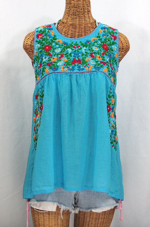 "La Sirena" Sleeveless Mexican Blouse -Aqua + Fiesta