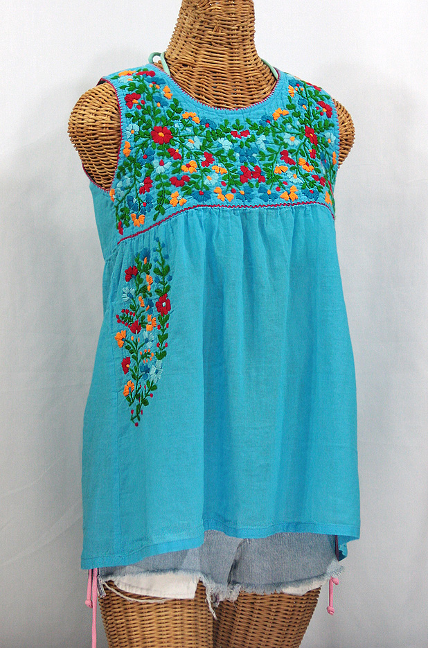 "La Sirena" Sleeveless Mexican Blouse -Aqua + Fiesta