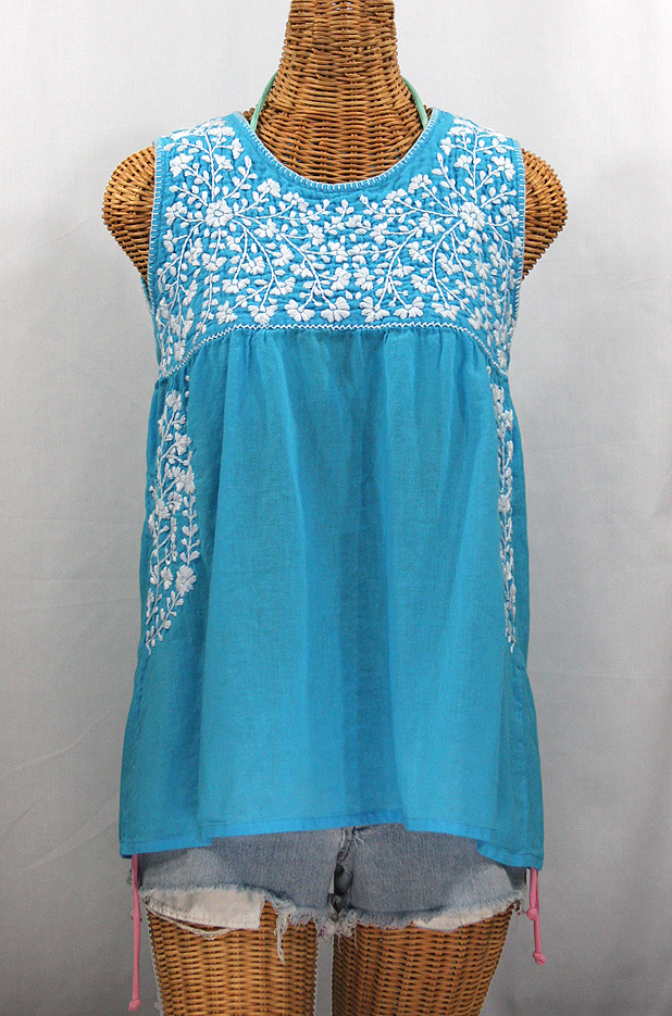 "La Sirena" Sleeveless Mexican Blouse - Aqua + White