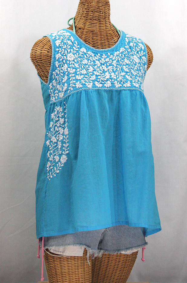 "La Sirena" Sleeveless Mexican Blouse - Aqua + White