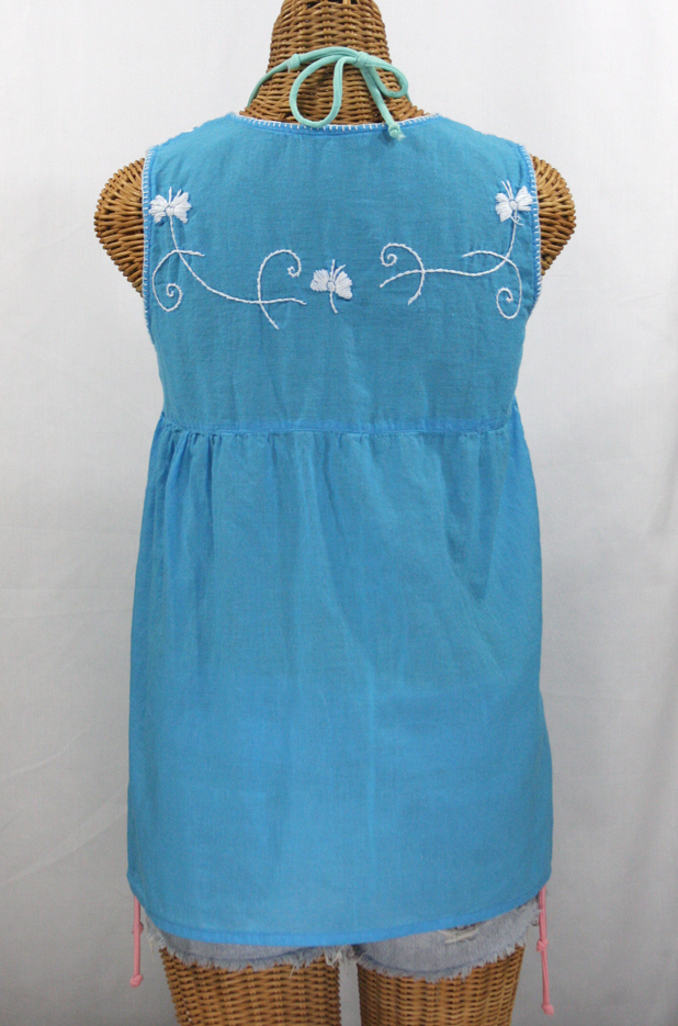 "La Sirena" Sleeveless Mexican Blouse - Aqua + White