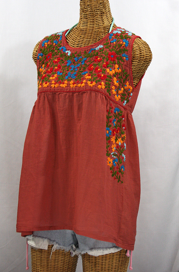 "La Sirena" Sleeveless Mexican Blouse - Brick + Fiesta Embroidery