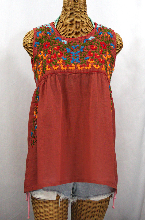 "La Sirena" Sleeveless Mexican Blouse - Brick + Fiesta Embroidery